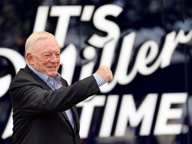 Dallas Cowboys owner Jerry Jones pumps his fist about the newly constructed Miller LiteHouse built on the west plaza of AT&T Stadium in Arlington, Tuesday, September 7, 2021. The Jones family and a Molson Coors representative cut a ribbon on the new fan tailgating/party area.