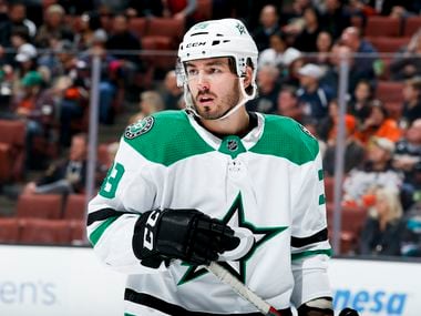 ANAHEIM, CA - DECEMBER 12: Joel Hanley #39 of the Dallas Stars waits for play to resume during the first period of the game against the Anaheim Ducks at Honda Center on December 12, 2018 in Anaheim, California.