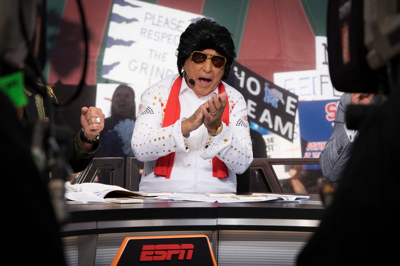 Lee Corso wears an Elvis costume on the set during ESPN College GameDay on Beale Street...