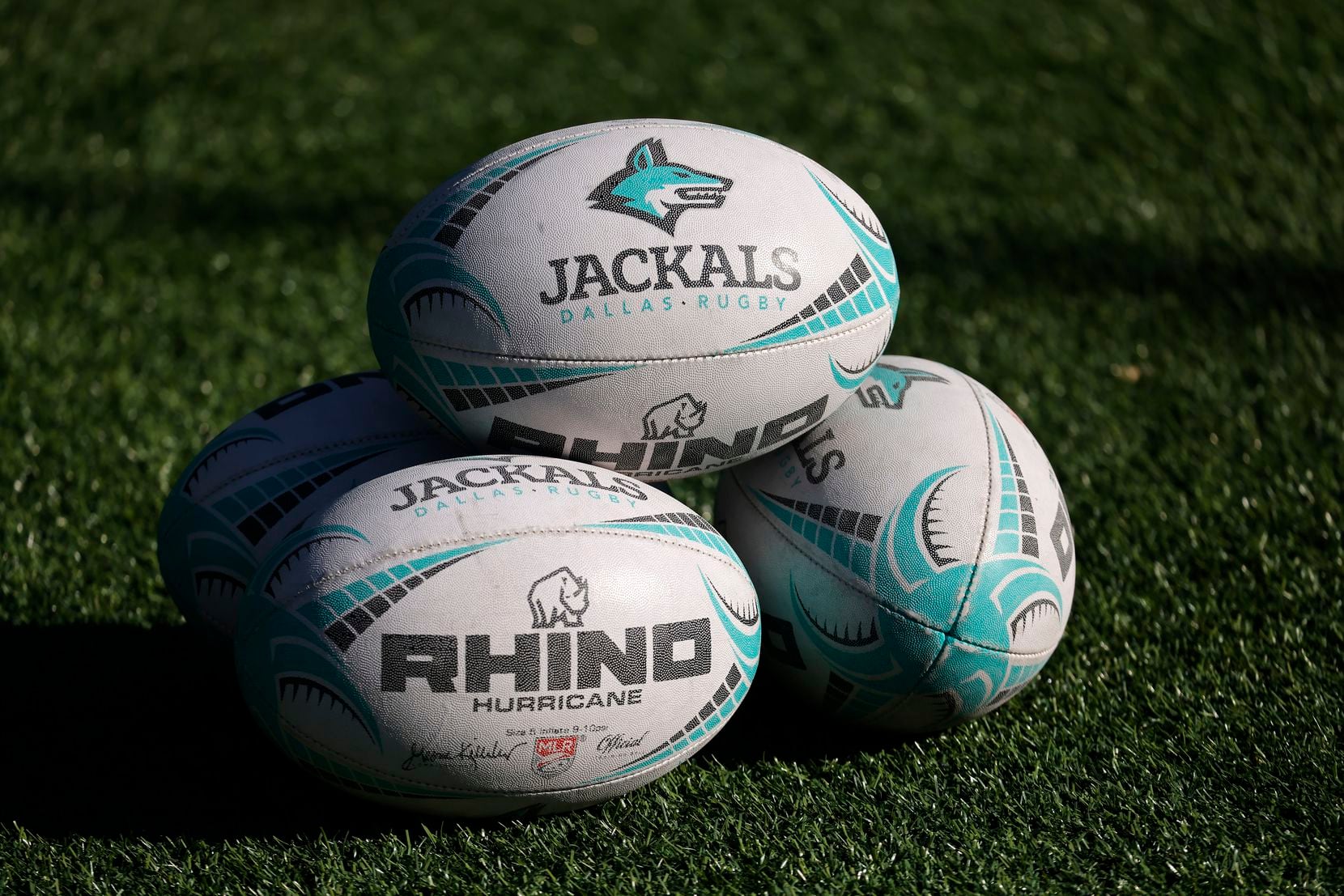 A stack of Dallas Jackals rugby balls is pictured during practice at Choctaw Stadium in...