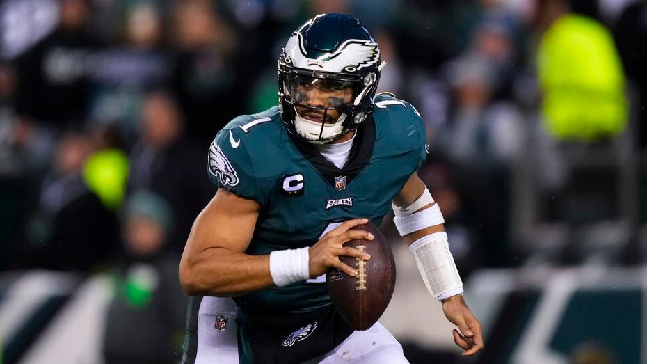Philadelphia Eagles quarterback Jalen Hurts in action during the NFC Championship Game on...