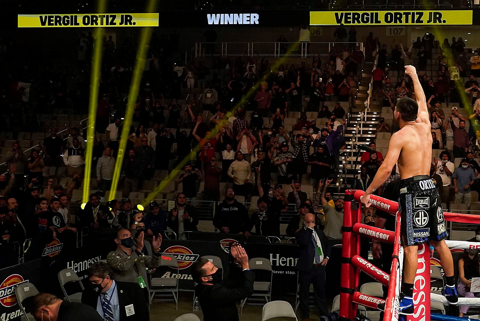 Vergil Ortiz Jr. celebrates after knocking out Maurice Hooker in the seventh round for the vacant WBO international welterweight title at Dickies Arena on Saturday, March 20, 2021, in Fort Worth.