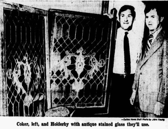 Staff photograph of Jim Coker of Crow-Coker Realty Co. Inc. and Max Holderby, Olla Podrida's leasing agent, published in The Dallas Morning News on Aug. 20, 1972.