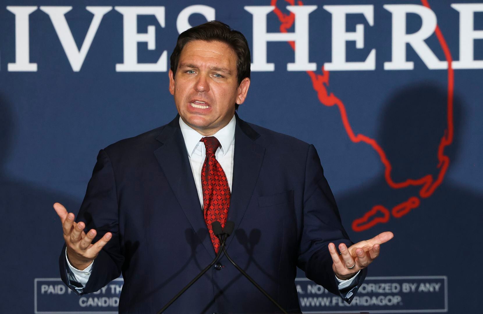 FILE - Florida Gov. Ron DeSantis speaks to a crowd of supporters during the Keep Florida...