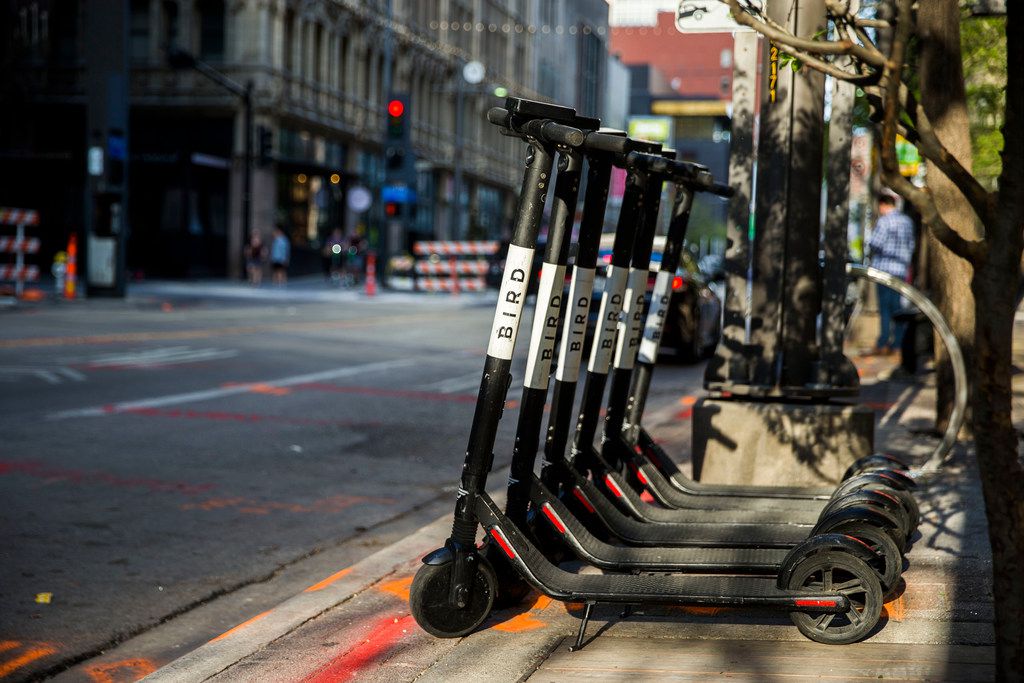 Bird scooters parked near the curb at the 1400 block of Main Street in Downtown Dallas on...