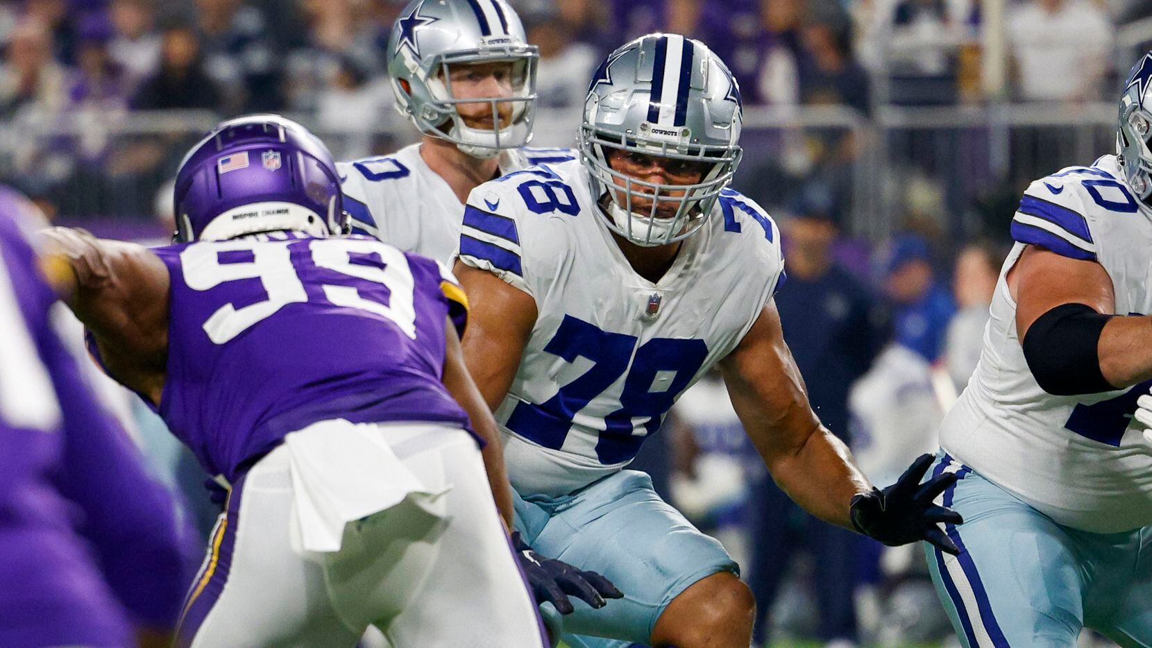 Dallas Cowboys offensive tackle Terence Steele (78) drops back to block during the first half an NFL football game against the Minnesota Vikings at U.S. Bank Stadium on Sunday, Oct. 31, 2021, in Minneapolis, Minnesota.
