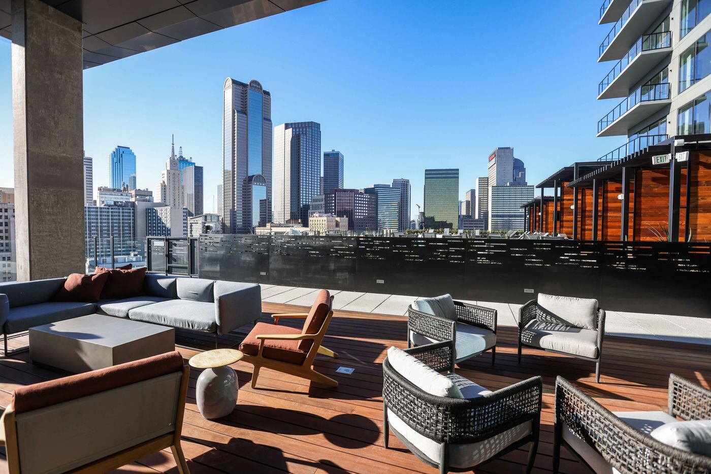Outdoor lounge area on the eighth floor of  the new East Quarter Residences tower in downtown Dallas. (Lola Gomez/The Dallas Morning News)