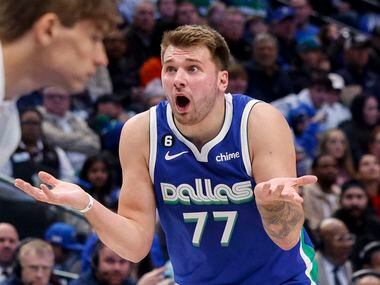 Dallas Mavericks guard Luka Doncic (77) reacts after being called for a technical foul...