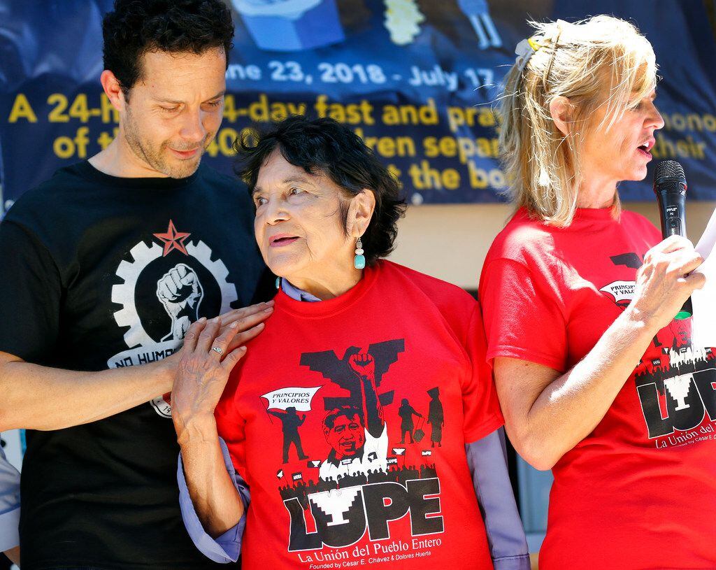 Efren Olivares (left), a Texas Civil Rights Project attorney, joined civil rights activists Dolores Huerta (center) and Kerry Kennedy, daughter of the late Robert F. Kennedy, during a rally against immigrant family separation at Archer Park in McAllen in June 2018.  