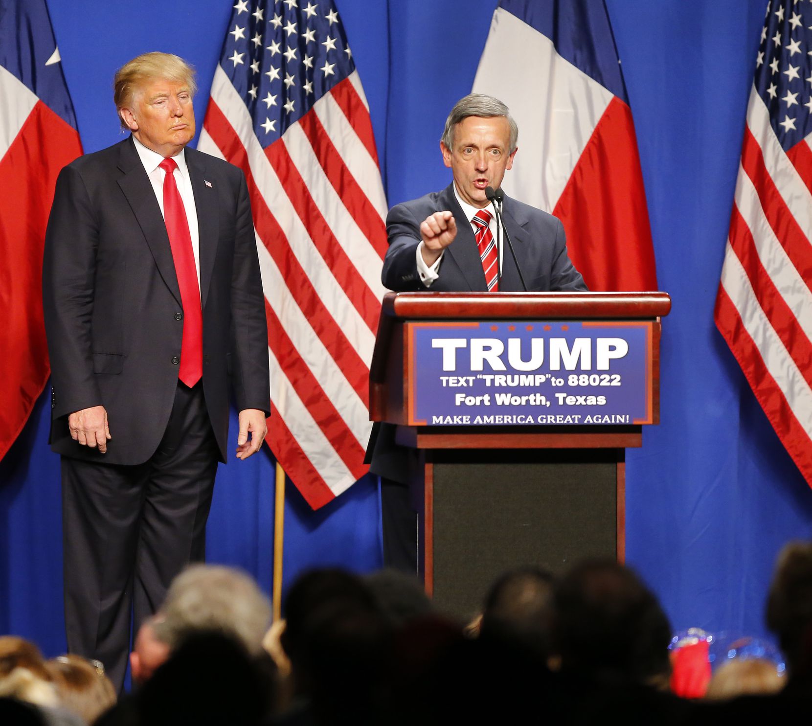 Robert Jeffress, pastor of First Baptist Church in Dallas, speaks at a Trump rally in Fort Worth in February.