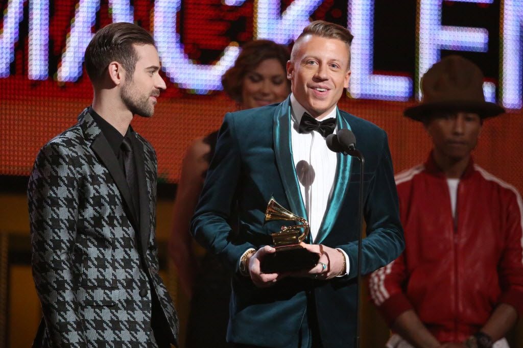 Ryan Lewis, left, and Macklemore accept the award for best new artist at the 56th annual...