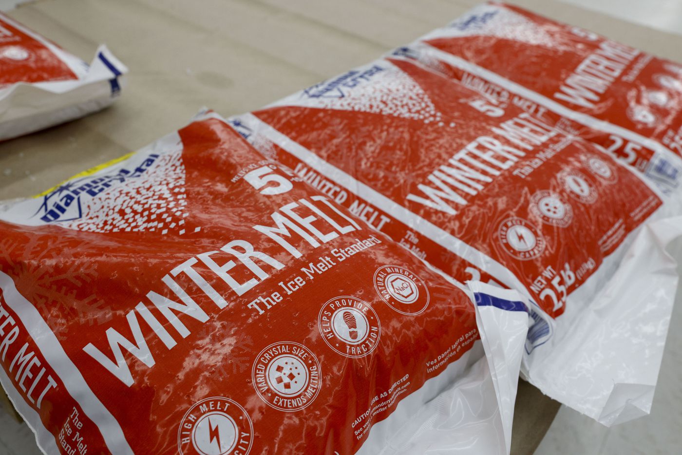 Bags of ice melt sit on a pallet at Elliott’s Hardware in Dallas, Monday, Jan. 30, 2023....