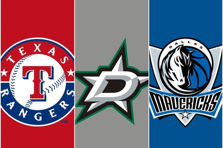 The logos for the Texas Rangers, Dallas Stars and Dallas Mavericks.