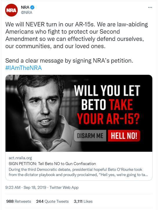 NRA tweet attacking Beto O'Rourke over his call for mandatory buybacks of AR-15 and AK-47...