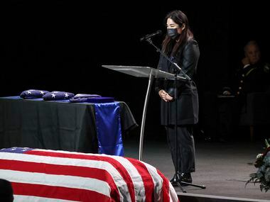 Staci Tsai, sister of Grand Prairie police officer Brandon P. Tsai speaks at his memorial...
