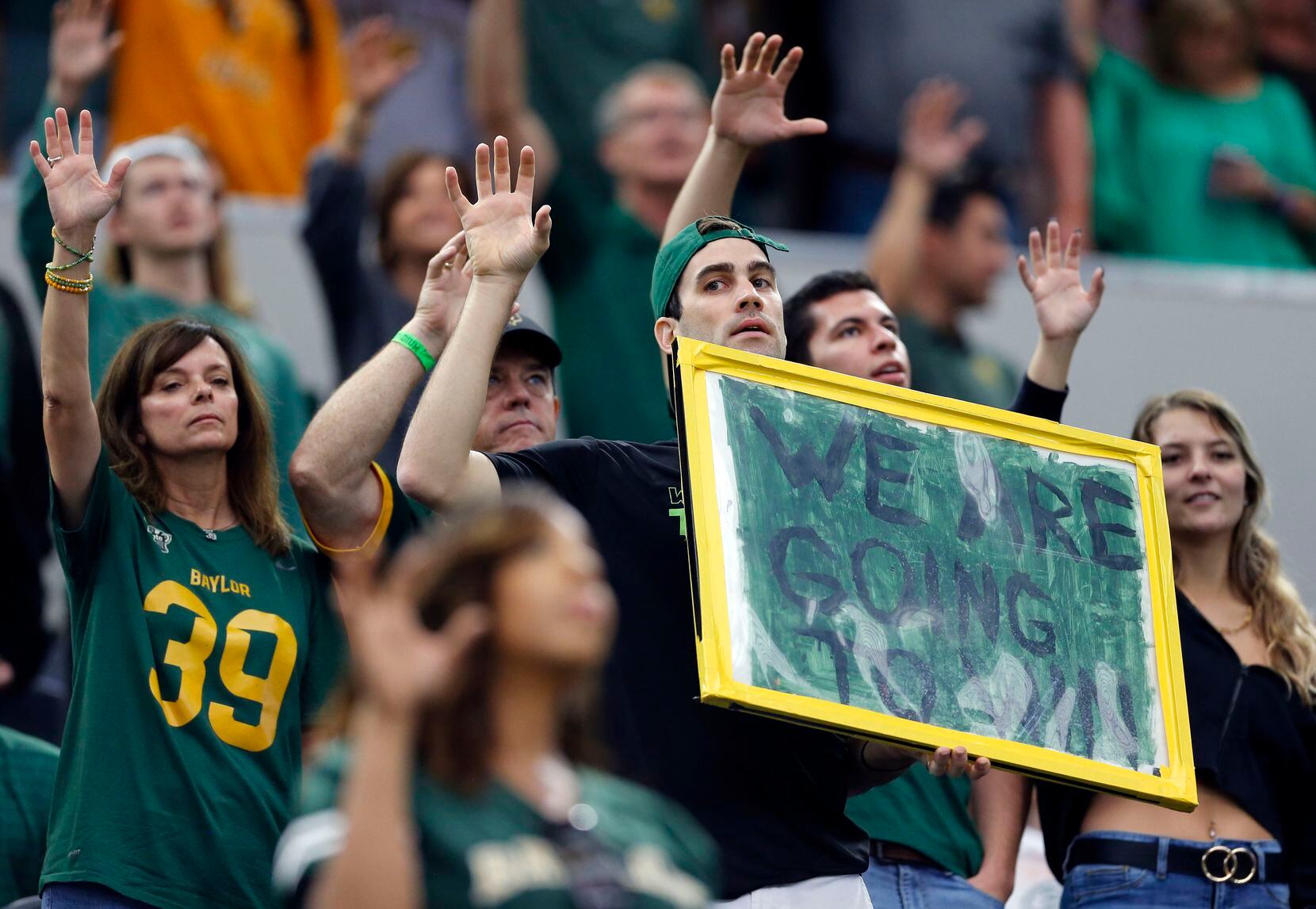 Baylor fans show their spirit in the stands before the start of the Big 12 Championship football game against Oklahoma State at AT&T Stadium in Arlington on Saturday, December 4, 2021. (John F. Rhodes / Special Contributor)