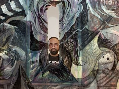 Artist Francisco Moreno, with a detail at his barrel-vaulted chapel at Erin Cluley Gallery in Dallas on April 3, 2018. "Francisco Moreno: The Chapel and Accompanying Works" opens on Saturday April 7 and runs through May 19, 2018.