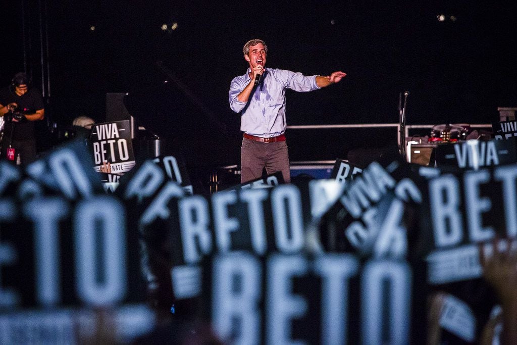 Rep. Beto O'Rourke spoke during a campaign rally with country singer Willie Nelson at...