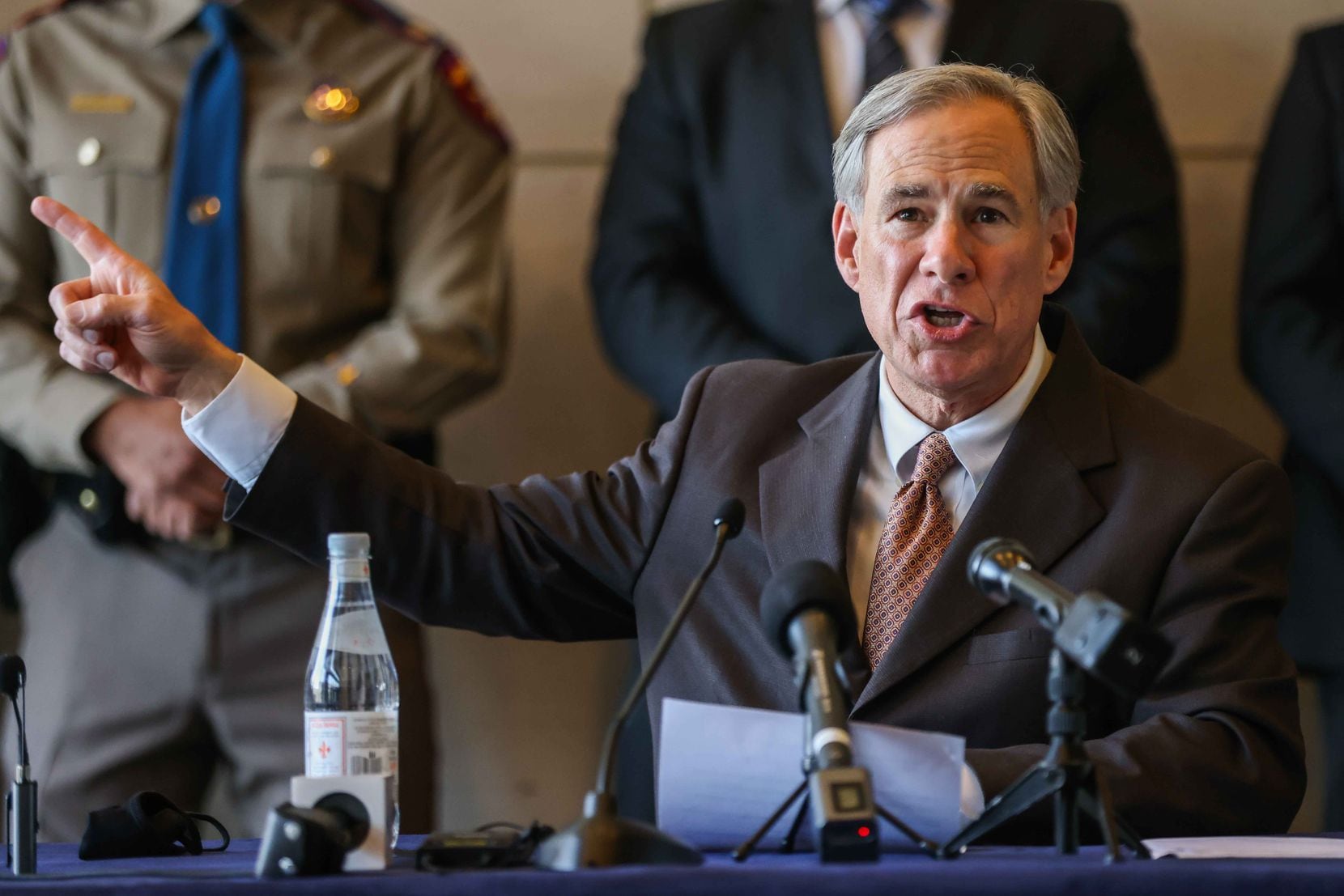 Gov. Greg Abbott spoke during a March news conference in Dallas addressing the arrival of a...