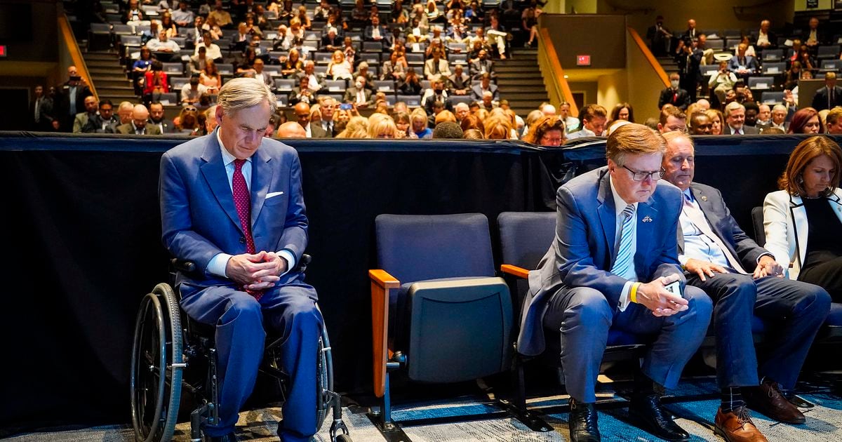 If Gov. Greg Abbott couldn’t get choked up over little kids Tuesday, is he likely to budge from the state GOP's hard-line resistance to any changes in gun laws? In a word, no. In 2020 file photo, Abbott, left, and Lt. Gov. Dan Patrick, right, pray at a Dallas summit on policing.