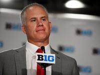 FILE - In this July 24, 2018 file photo, Maryland head coach DJ Durkin speaks at Big Ten...