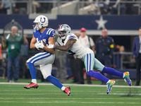 Indianapolis Colts' Alec Pierce (14) makes a catch against Dallas Cowboys' Anthony Brown...