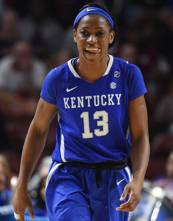 Kentucky forward Evelyn Akhator (13) reacts after scoring against South Carolina in the...