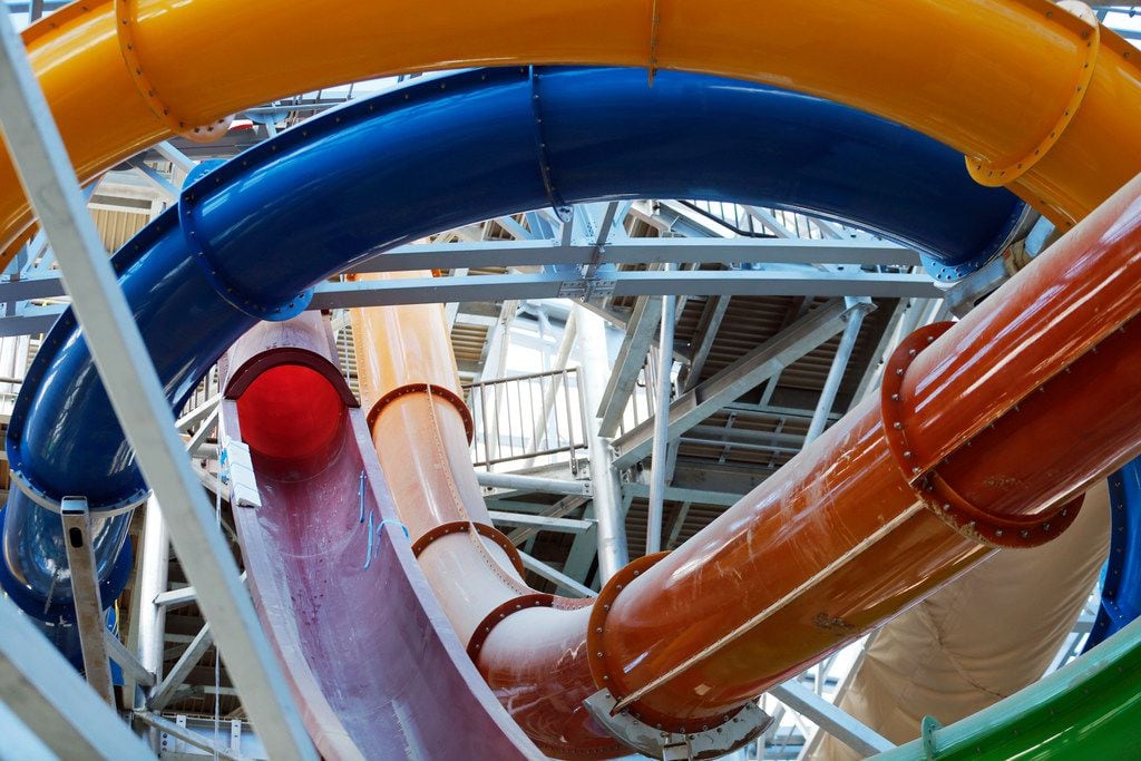 View of some of the nine waterslides during a tour of Epic Waters Indoor Waterpark in Grand...