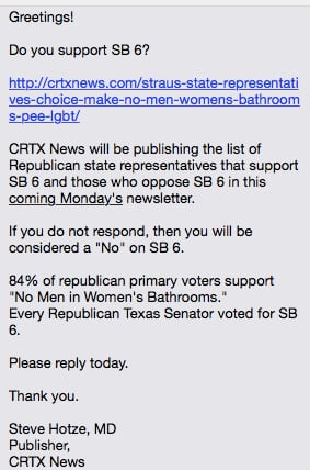 Screenshot of a text sent to Republican House members from Steve Hotze, head of the...