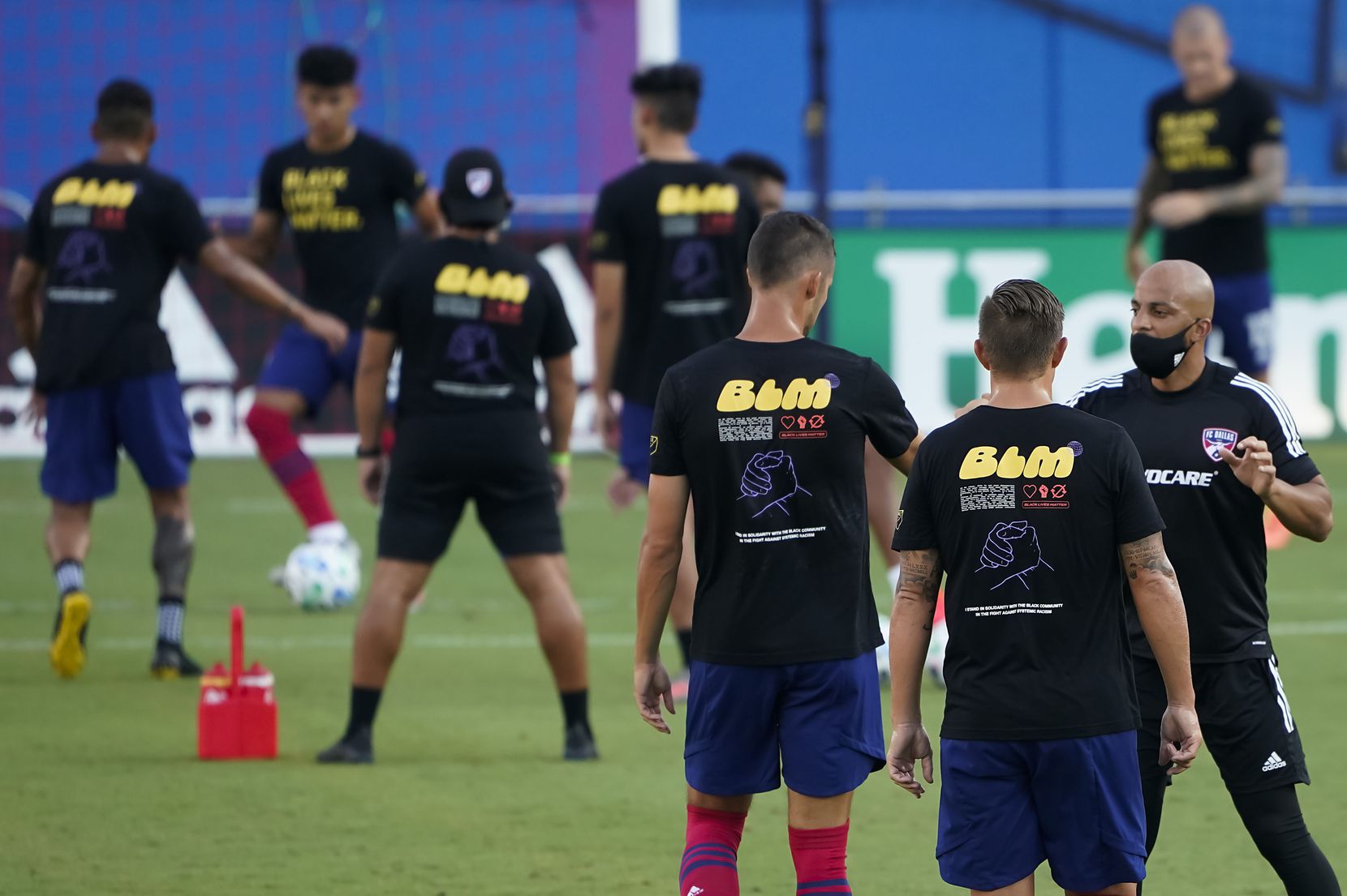 FC Dallas players wear shirts in support of Black Lives Matter before an MLS soccer game against the Nashville SC at Toyota Stadium on Wednesday, Aug. 12, 2020, in Frisco, Texas. (Smiley N. Pool/The Dallas Morning News)