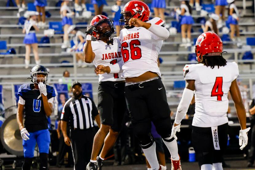 Mesquite Horn’s wide receiver Chris Dawn (1) celebrates catching a touchdown pass against...