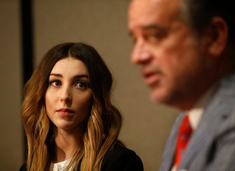 Claire Gautreaux listens to her attorney Blake Beckham during Thursday's news conference....