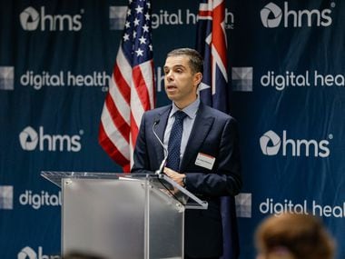 Dr. Victor Pantano, CEO of Digital Health CRC, speaks during a press conference announcing a partnership with researchers at Stanford, Southern Methodist University and HMS to fight opioid addiction, hospital re-admittance and other challenges that drive up health care costs at HMS Corporate Headquarters in Irving, Tuesday, May 14, 2019. The partnership is funded by a grant from the Australian government.