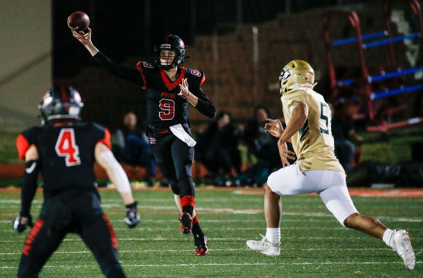 Colleyville Heritage quarterback AJ Smith (9) fires off a pass away from Birdville...