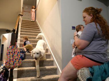 Boston Brooks (left), 1, climbs the stairs to join Lincoln Brooks (center), 4, in getting...