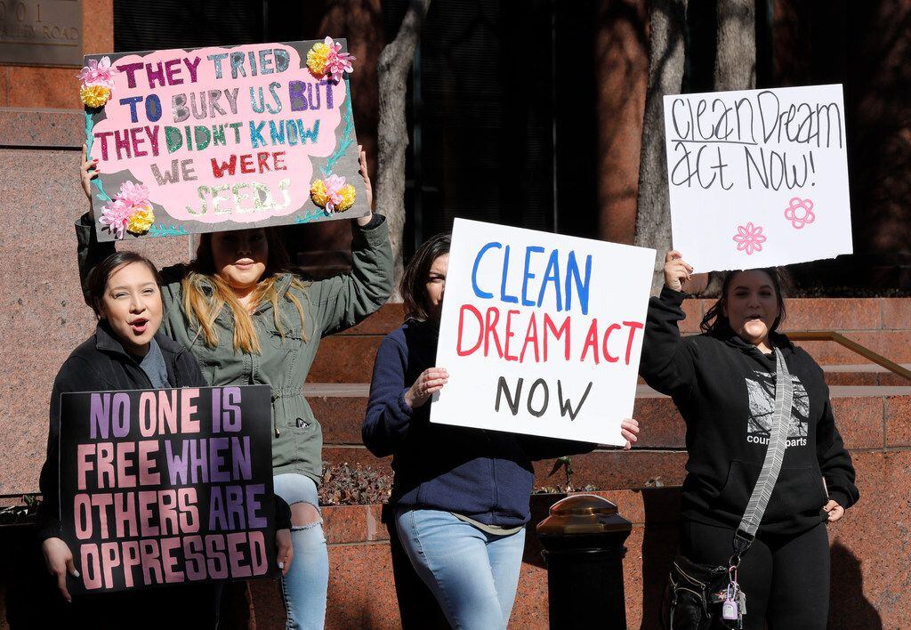 Supporters of the Dream Act staged a daylong protest in front of Texas Republican Sen. John Cornyn's office on Feb. 8, 2018, in Dallas.