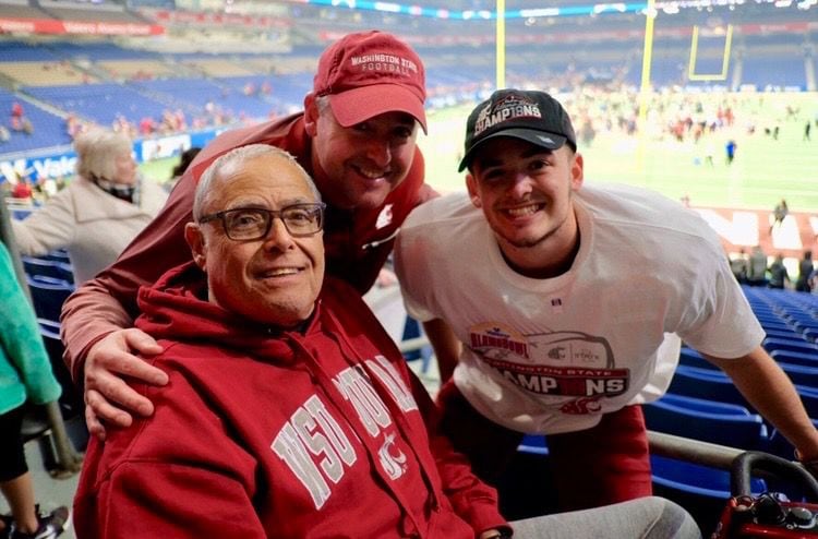 Blake Mazza (right) with his grandfather, Dominick Mazza (left) celebrate postgame at NRG...