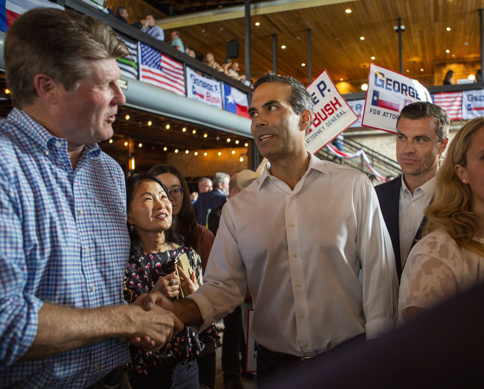 George P. Bush shakes hands with a supporter after holding a Campaign Kick-Off to announce his candidacy for Texas Attorney General at Buford's Backyard Beer Garden on June 2, 2021 in Austin, Texas.