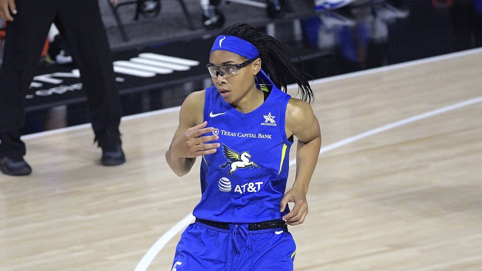 Dallas Wings guard Allisha Gray reacts after a play during the second half of a WNBA basketball game against the Atlanta Dream, Sunday, July 26, 2020, in Bradenton, Fla.
