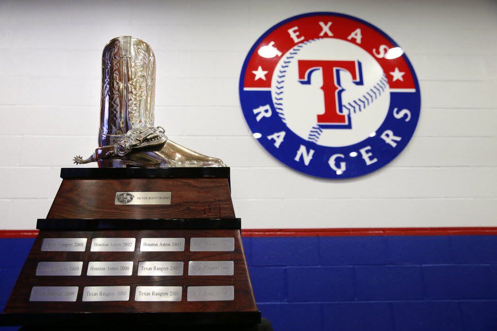 The Silver Boot trophy sits on display at the Globe Life Park in Arlington, Tuesday, April...