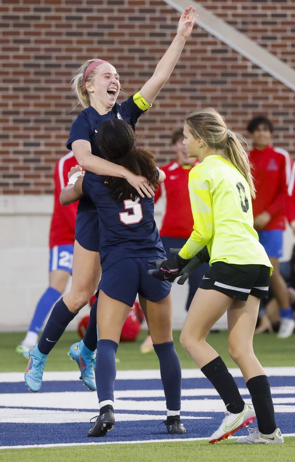 Allen’s Taylor Spitzer, top, celebrates the second goal past Coppell’s goalkeeper Veronica...