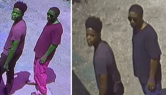 Images of two suspects sought in connection with the shooting death of two men at a Pleasant Grove game room.