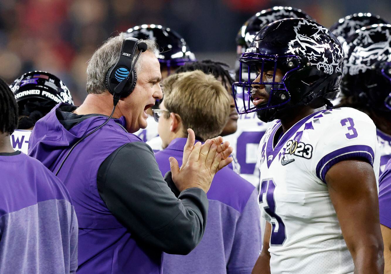 TCU Horned Frogs head coach Sonny Dykes attempts to get his players fired up and back in the...