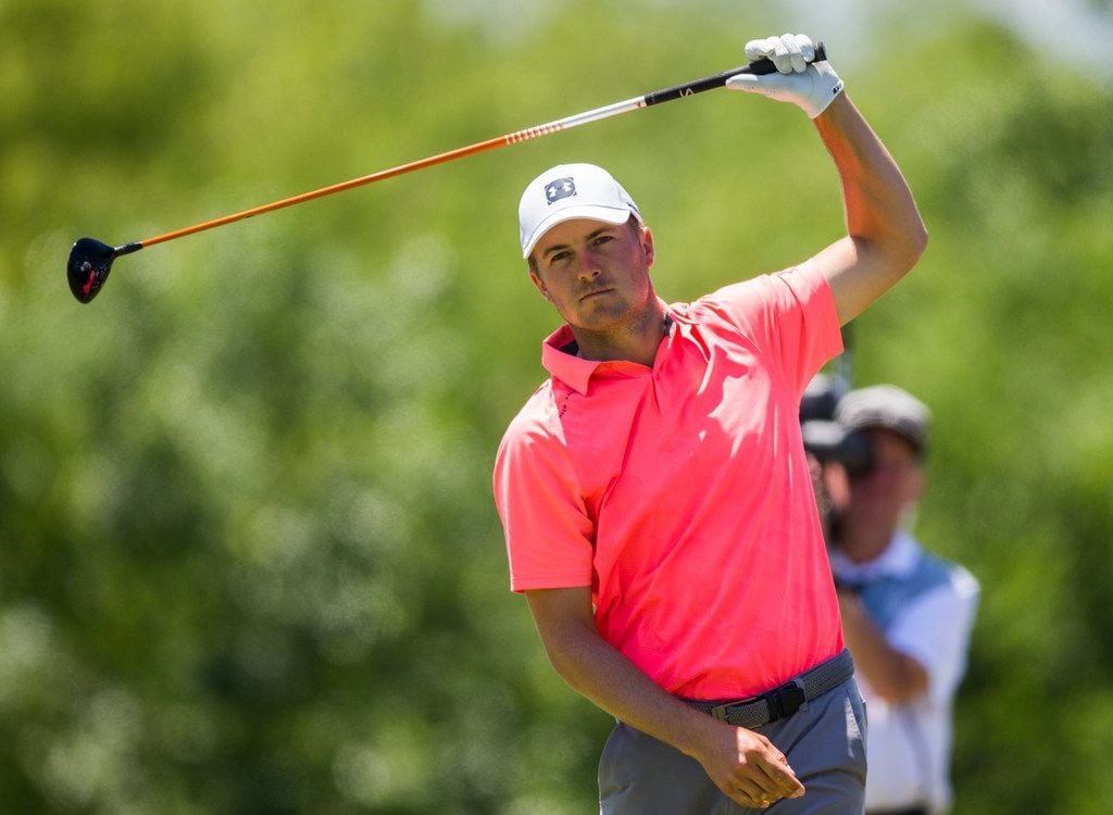 Jordan Spieth tees off at hole 4 during round 4 of the AT&T Byron Nelson golf tournament on...