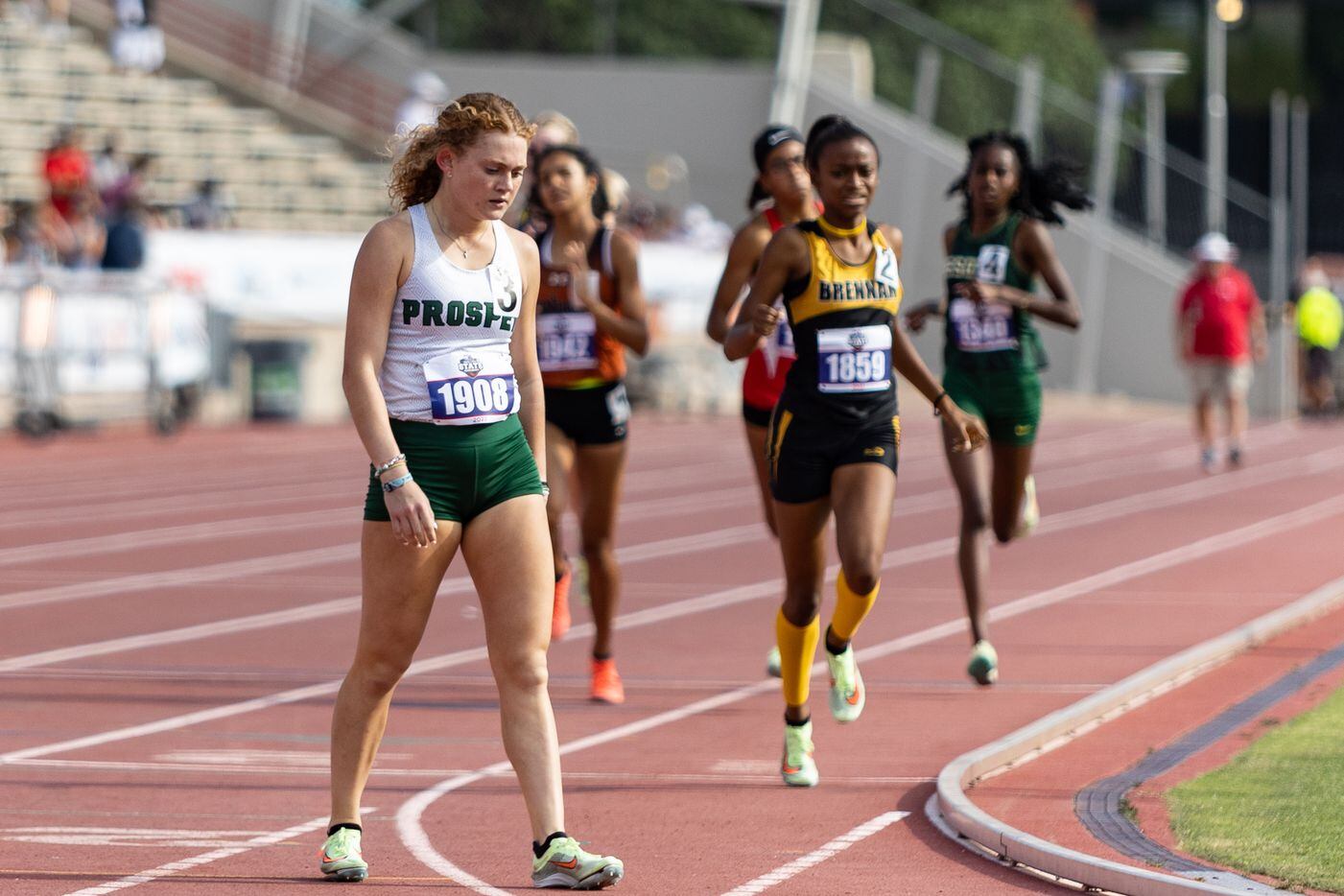 Aubrey O’Connell of Prosper walks off the track after the girls’ 800-meter final at the UIL...