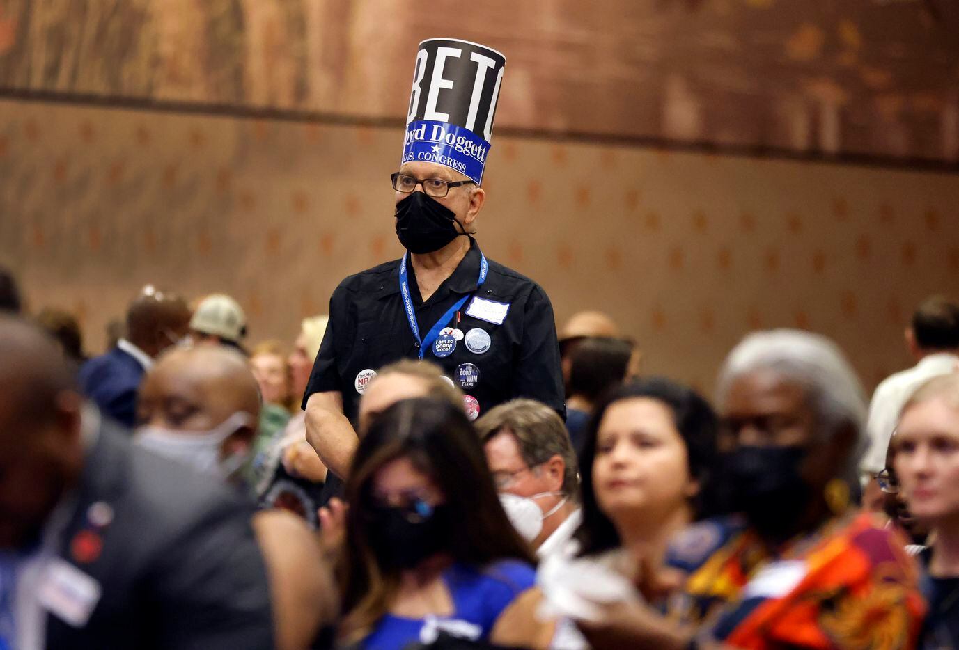 John Denson of Pflugerville, Texas wore a campaign hat in the style of Abe Lincoln to a...