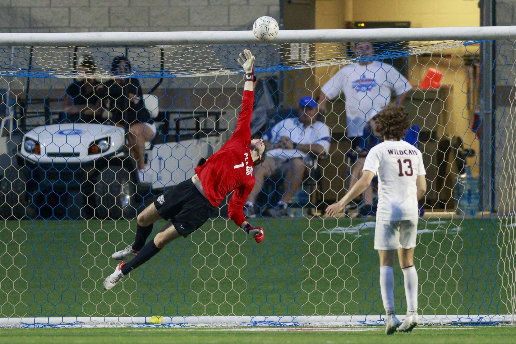 Plano goalkeeper Henry Huffstetler (1) makes a leaping saving during the second half of the...