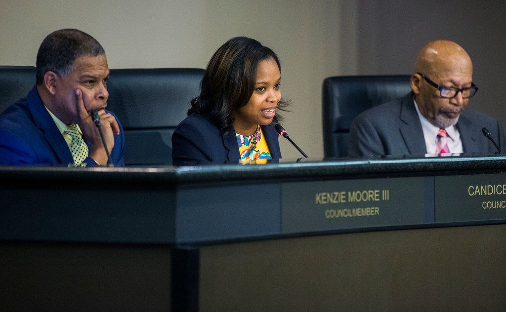 From left: DeSoto City Council members Kenzie Moore III, Candice Quarles and Dick North during a DeSoto City Council meeting at the Jim Baugh Government Building.