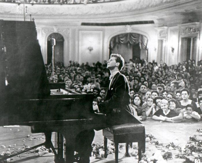 Van Cliburn performs for adoring fans at the Moscow Conservatory following his historic...