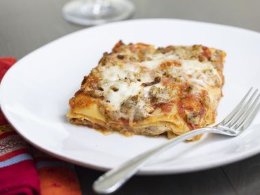 Jimmy's Sausage Lasagna and wine to be sampled by the Wine Panel on Thursday, Oct. 14, 2021, in Dallas. (Juan Figueroa/The Dallas Morning News)